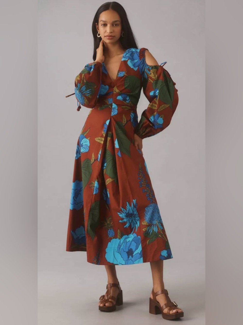 Farm Rio x Anthropologie Long-Sleeve VNeck Midi Dress Size XS PTP 17” Length 51”